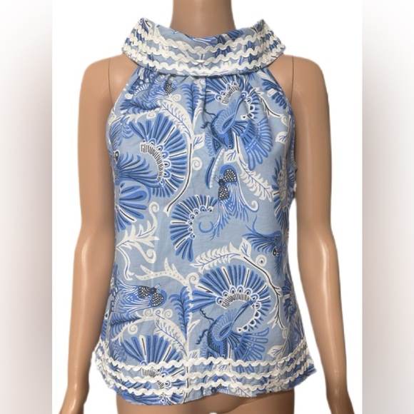 CK Bradley x Sail to Sable Sleeveless Blouse S Blue White Cotton Button Back - Picture 2 of 9